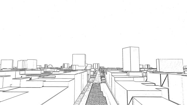 Flug-über-die-3D-Zeichnung-der-Stadt