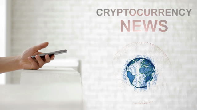 Hands-launch-the-Earth's-hologram-and-Cryptocurrency-news-text