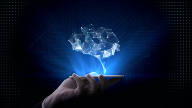 Elevación-de-teléfonos,-móviles,-cerebro-conectar-líneas-digitales,-crecer-en-inteligencia-artificial.-4-película-de-k.
