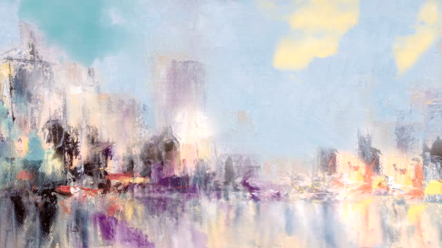 Skyline-city-view-with-color-clouds-appearance-and-reflections-on-water-animation.-Original-oil-painting-on-canvas,