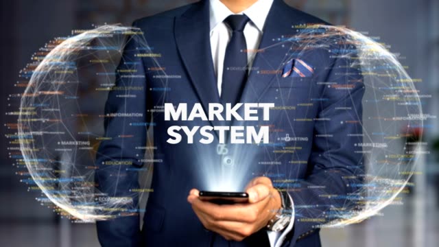 Geschäftsmann-Hologramm-Concept-Economics-Marktsystem