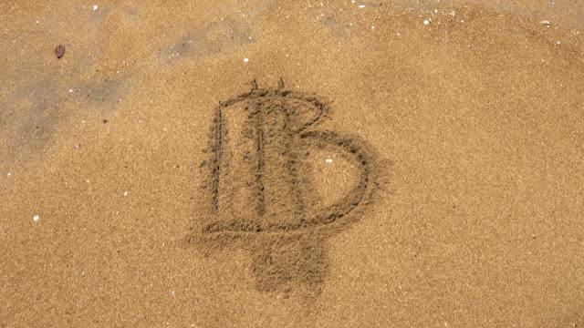 Bitcoin-Kryptowährung-Zeichen-auf-Sand-geschrieben.-Flutwelle-spült-die-Inschrift-Bitcoin