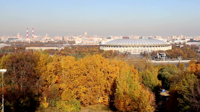 Vista-del-centro-de-Moscú-desde-Sparrow-Hills-o-Vorobyovy-observación-Gory-(ver)-plataforma-se-encuentra-en-un-escarpado-Banco-85-m-por-encima-del-río-Moskva,-o-200-m-sobre-el-nivel-del-mar.-La,-España