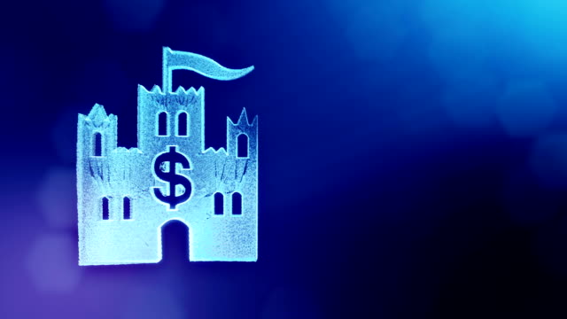 dollar-sign-in-emblem-of-castle.-Finance-background-of-luminous-particles.-3D-loop-animation-with-depth-of-field,-bokeh-and-copy-space-for-your-text.-Blue-v6