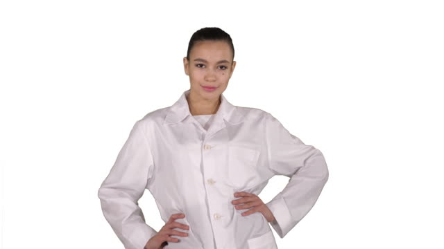 Woman-doctor-walking-like-fashion-model-on-white-background
