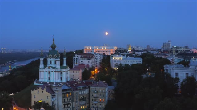 Aerial-view-of-St.-Andrew's-Church,-Ministry-of-Foreign-Affairs,-St.-Michael's-Cathedral-at-night-with-a-full-moon