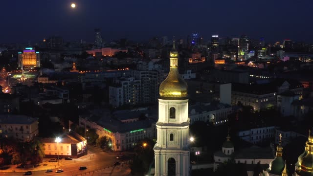 Aerial-view-of-St.-Michael's-Cathedral-and-St.-Sophia-Cathedral-at-night