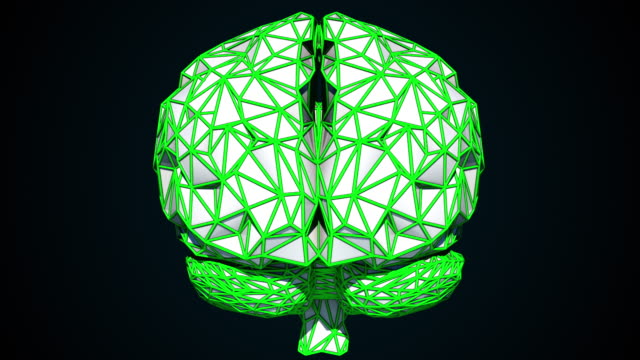 Das-menschliche-Gehirn-wird-durch-eine-Kombination-von-farbigen-Dreiecken-gebildet,-computergeneriert.-3D-Rendering-der-digitalen-künstlichen-Intelligenz-des-Gehirns-aus-Polygonen