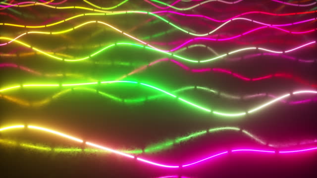 Futuristic-neon-glowing-surface-made-of-bright-lines.-Abstract-motion-background.-Ultraviolet-signal-spectrum,-laser-show,-energy,-sound-vibrations-and-waves.-Seamless-loop-3d-render