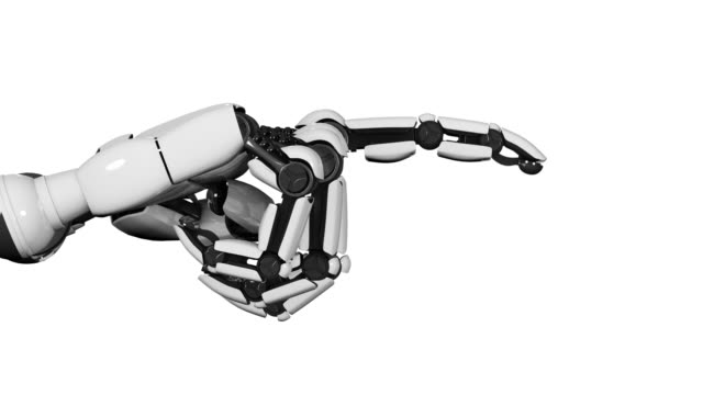 Futuristische-weiße-Roboter-Hand-gestikulieren-und-zeigen-einen-Finger