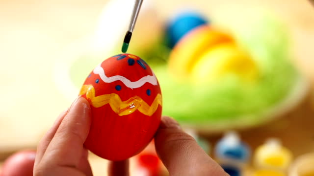 Colorful-Easter-Eggs-Handmade,-Paintbrush-Draws-Patterns