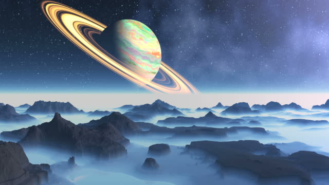 Saturn-auf-einer-fremden-Landschaft-im-Hintergrund