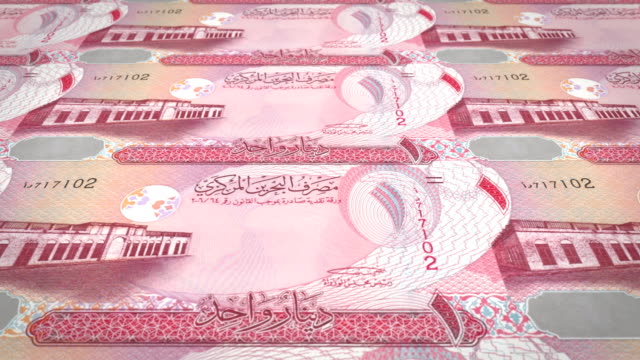 Banknoten-mit-einem-Bahrain-Dinar-von-Bahrain-Rollen,-Bargeld
