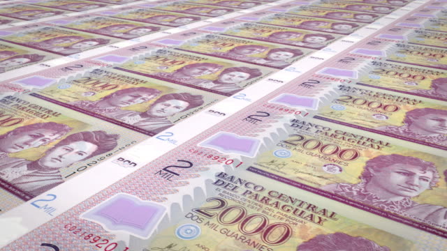 Banknoten-der-zweitausend-paraguayischen-Guaraní-in-Paraguay,-Bargeld,-Schleife