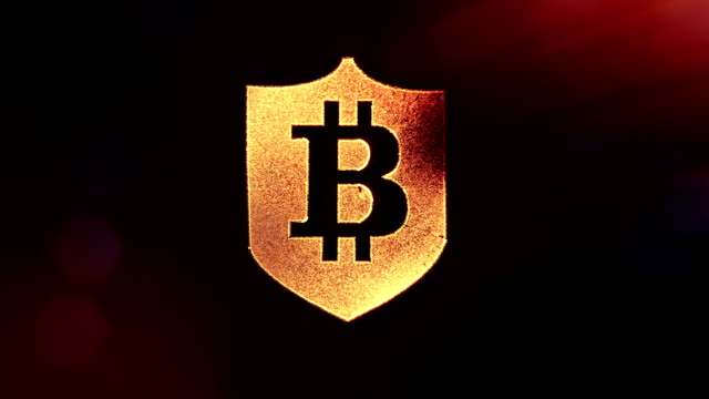 Bitcoin-Logo-in-den-Schild.-Finanzieller-Hintergrund-aus-Glühen-Teilchen-als-Vitrtual-Hologramm.-Glänzende-Schleife-3D-Animation-mit-Tiefe-Feld,-Bokeh-und-Kopie.-Dunklen-Hintergrund-1