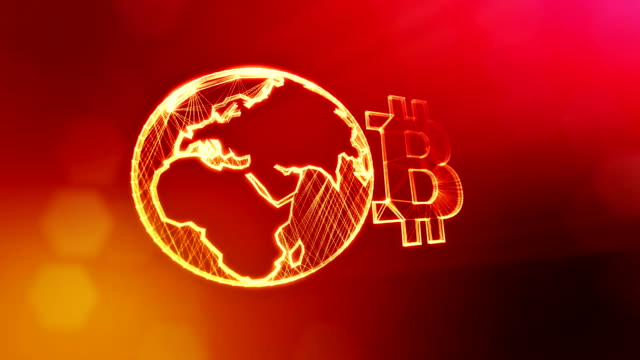 Sign-of-bitcoin-and-earth,-the-globe.-Financial-background-made-of-glow-particles-as-vitrtual-hologram.-Shiny-3D-loop-animation-with-depth-of-field,-bokeh-and-copy-space..-Red-background-v1