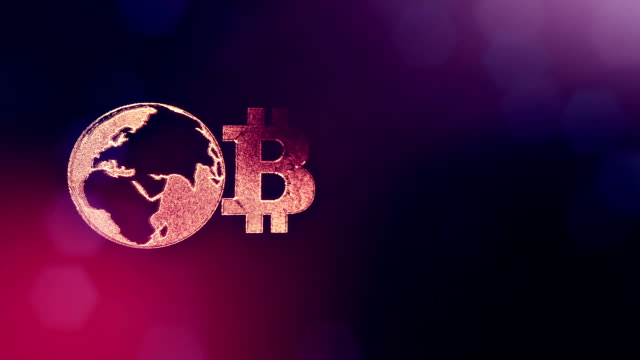 Sign-of-bitcoin-and-earth,-the-globe.-Financial-background-made-of-glow-particles-as-vitrtual-hologram.-Shiny-3D-loop-animation-with-depth-of-field,-bokeh-and-copy-space.Violet-background-1.