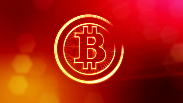 Bitcoin-Logo-im-inneren-Kreise-wie-Münze.-Finanzieller-Hintergrund-aus-Glühen-Teilchen-als-Vitrtual-Hologramm.-Glänzende-Schleife-3D-Animation-mit-Tiefe-Feld,-Bokeh-und-Kopie...-Roten-Hintergrund-v1...