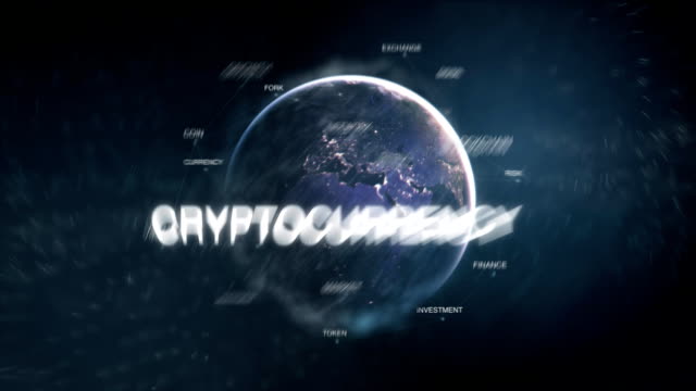 Futuristic-bitcoin-cryptocurrency-oriented-words-cloud-blue-modern-animation-loop.-3D-technology-earth-from-space-word-set-including-blockchain,digital,money.Crypto-business-concept.Loopable-FullHD-video