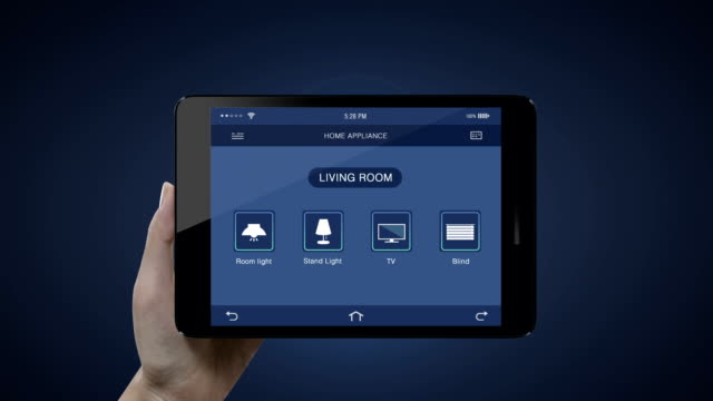 Touch-Screen,-IoT-smart-Pad-tablet-Anwendung,-Wohnzimmer-mit-TV,-Glühbirne,-Blind-energiesparende-Effizienzkontrolle,-intelligente-Haushaltsgeräte,-Internet-der-Dinge.