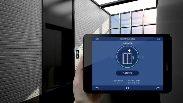 Control-de-elevador-de-auto-en-edificio-inteligente,-usando-smart-pad,-tablet.-Internet-de-las-cosas-del-edificio,-ciudad-inteligente.