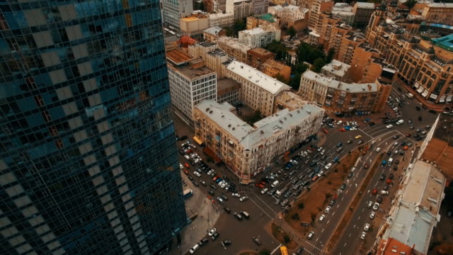 Aerial-footage-of-modern-business-center-in-the-middle-of-the-old-town