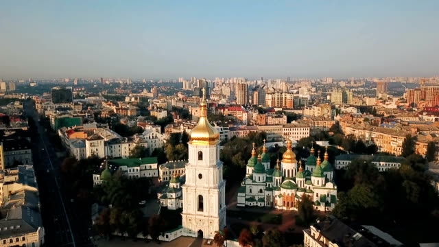 Saint-Sophia's-Cathedral,-square.-Kiev-Kiyv-Ukraine-with-Places-of-Interest.-Aerial-drone-video-footage.-Sunrise-light.-City-panarama.-Summer-time