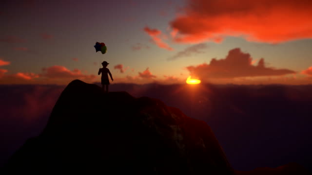 Abandoned-little-girl-holding-balloons-on-top-of-a-mountain,-beautiful-sunset,-4K