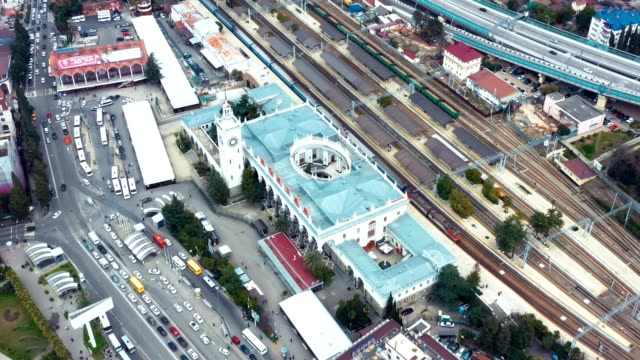 Aerial-photography-with-a-drone-Sochi-train-station.-The-Central-attraction-of-the-city-of-Sochi.-Transport-hub.-City-centre