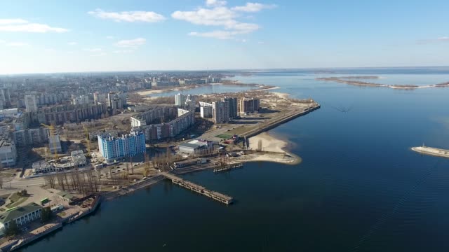 River-and-cargo-port-bird's-eye-view.-Cherkassy-city,-Ukraine.-Panorama