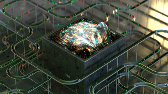 Cube-and-tubes-with-lights-seamless-loop-3D-render-animation