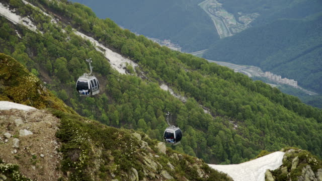 Luftaufnahme-des-Skigebietes-und-der-Seilbahn-mit-Kabinen