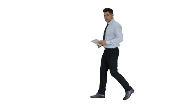 Happy-businessman-walking-in-and-using-tablet-turning-on-something-or-opening-something-on-white-background