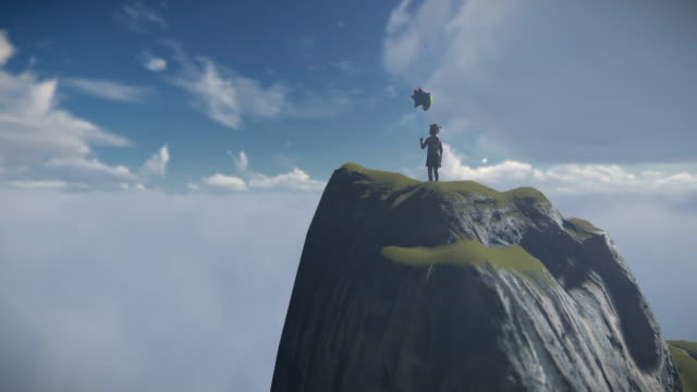 Abandoned-little-girl-holding-balloons-on-top-of-a-mountain,-drone-view,-4K