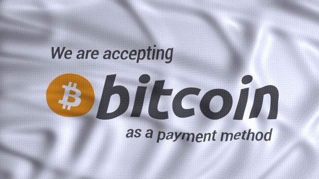 Bitcoin-weiße-Flagge-mit-Text-akzeptieren-wir-Bitcoin-als-Zahlungsmethode,-animiertes-Video