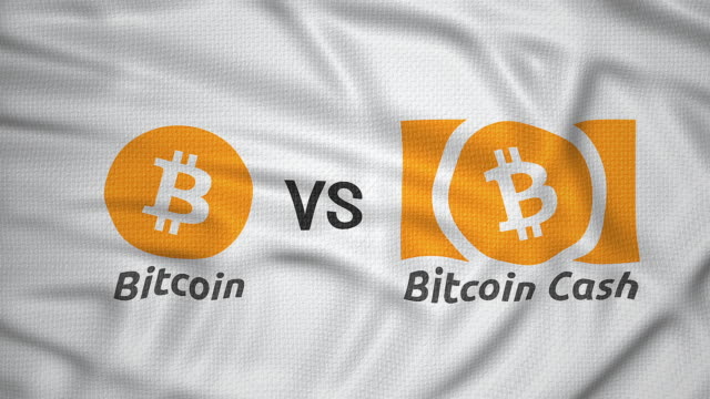 Bitcoin-vs-Bitcoin-Bargeld,-Kryptowährung-harte-Gabel-Clash-Konzept-Flagge-animiert