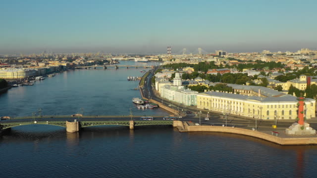 Aerial-view-of-the-Neva-river,-Palace-bridge-and-Kunstkamera