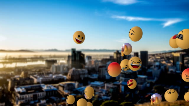 Emoji-Symbole-fliegen-über-Stadtbild-4k