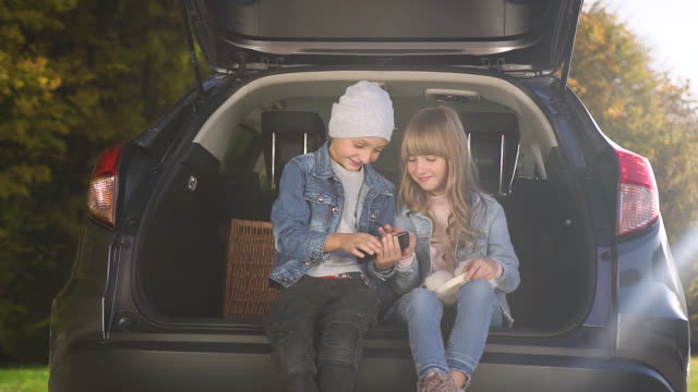 Charming-cheerful-teen-brother-and-sister-sitting-together-in-car's-trunk-and-playing-phone-game