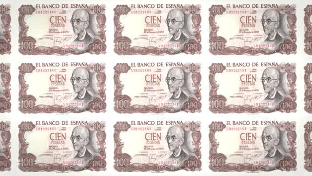 Banknoten-von-hundert-spanischen-Pesetas-der-Bank-von-Spanien-rollen-auf-dem-Bildschirm,-Münzen-der-Welt,-Bargeld,-Schleife