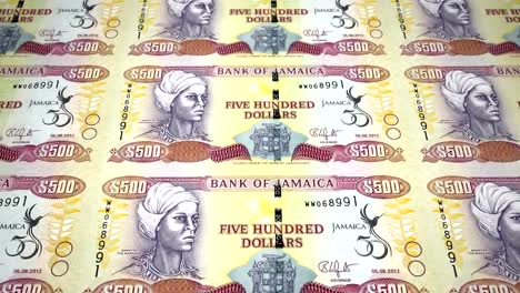 Banknotes-of-five-hundred-jamaican-dollars-of-Jamaica-rolling,-cash-money,-loop