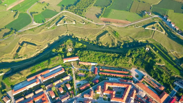 Aerial-view-of-nonagon-town-wall-or-star-fort-of-Palmanova,-Italy
