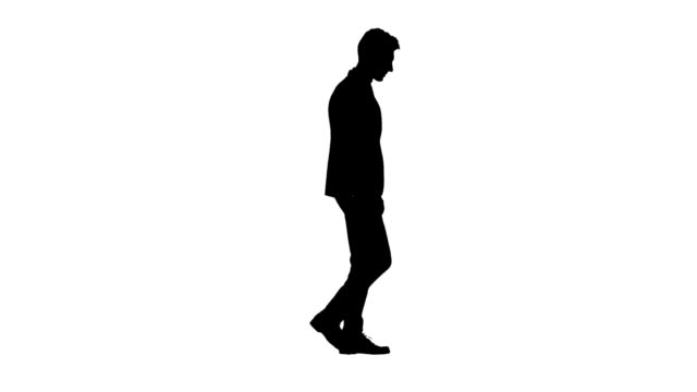 Guy-goes-to-a-business-meeting,-thinks-about-money-and-profits.-White-background.-Silhouette