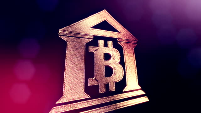 Zeichen-der-Bitcoin-Logo-in-das-Bankgebäude.-Finanzieller-Hintergrund-aus-Glühen-Teilchen-als-Vitrtual-Hologramm.-Glänzende-Schleife-3D-Animation-mit-Tiefe-Feld,-Bokeh-und-Kopie.-Violettem-Hintergrund-1.