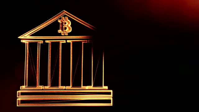 Sign-of-bitcoin-logo-inside-the-bank-building.-Financial-background-made-of-glow-particles-as-vitrtual-hologram.-Shiny-3D-loop-animation-with-depth-of-field,-bokeh-and-copy-space.-Dark-background-1
