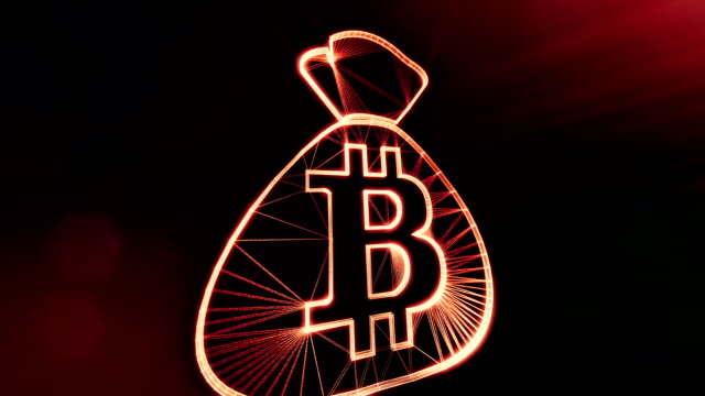 Bitcoin-Logo-auf-der-Tasche.-Finanzkonzept.-Finanzieller-Hintergrund-aus-Glühen-Teilchen-als-Vitrtual-Hologramm.-Glänzende-Schleife-3D-Animation-mit-Tiefe-Feld,-Bokeh-und-Kopie.-Dunklen-Hintergrund-1