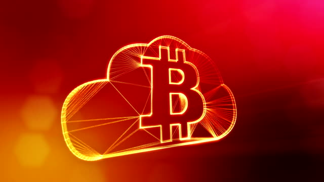 Zeichen-der-Bitcoin-Logo-in-der-Cloud.-Finanzieller-Hintergrund-aus-Glühen-Teilchen-als-Vitrtual-Hologramm.-Glänzende-Schleife-3D-Animation-mit-Tiefe-Feld,-Bokeh-und-Kopie.-Roten-Hintergrund-v1