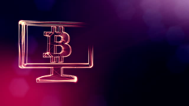 Bitcoin-Logo-im-Innern-des-Monitors.-Finanzieller-Hintergrund-aus-Glühen-Teilchen-als-Vitrtual-Hologramm.-Glänzende-Schleife-3D-Animation-mit-Tiefe-Feld,-Bokeh-und-Kopie.-Violette-Farbe-v2