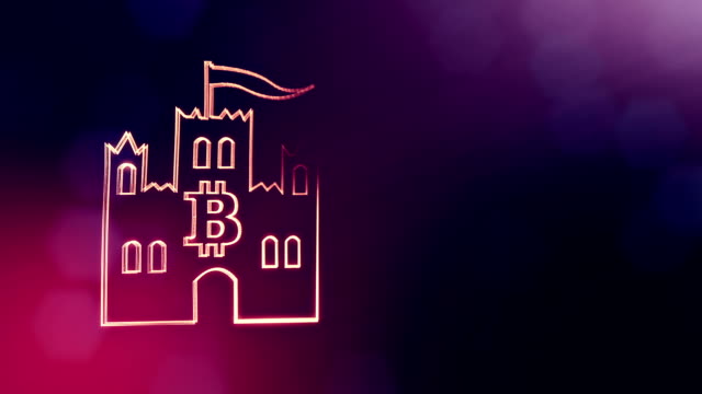 Logo-Bitcoin-in-das-Emblem-des-Schlosses.-Finanzieller-Hintergrund-aus-Glühen-Teilchen-als-Vitrtual-Hologramm.-Glänzende-Schleife-3D-Animation-mit-Tiefe-Feld,-Bokeh-und-Kopie.-Violette-Farbe-v2