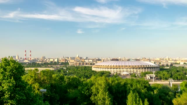 Moskau-Stadt-Skyline-Timelapse-Blick-vom-Spatz-Hügel,-Moskau-Russland-4K-Zeitraffer